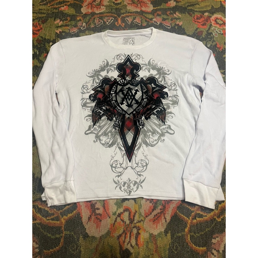 Avirex Affliction Large Long Sleeve Men's Tee Cross Grunge Y2K Skater Punk